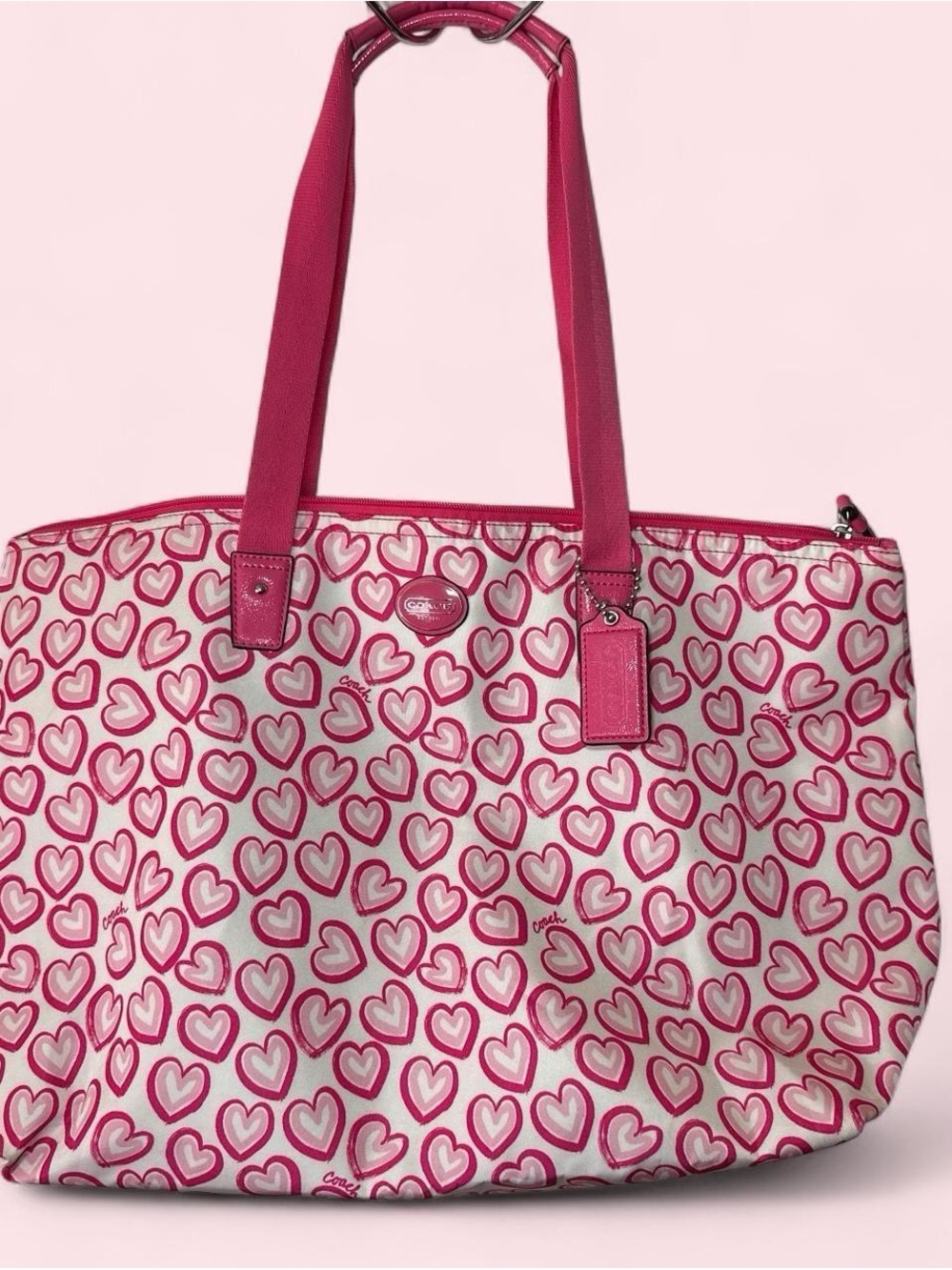 Coach Pink Heart-Print Tote with Magenta Straps
